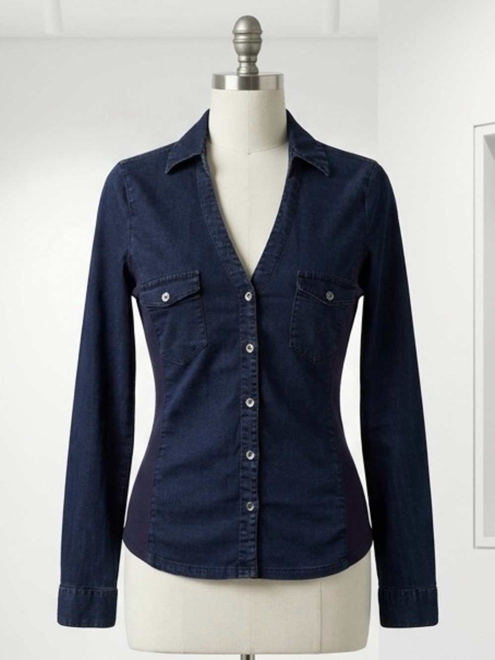 Guess| Harley Two-Tone Dark Blue Denim Fitted Long Sleeve V-Neck Shirt Top Sz L